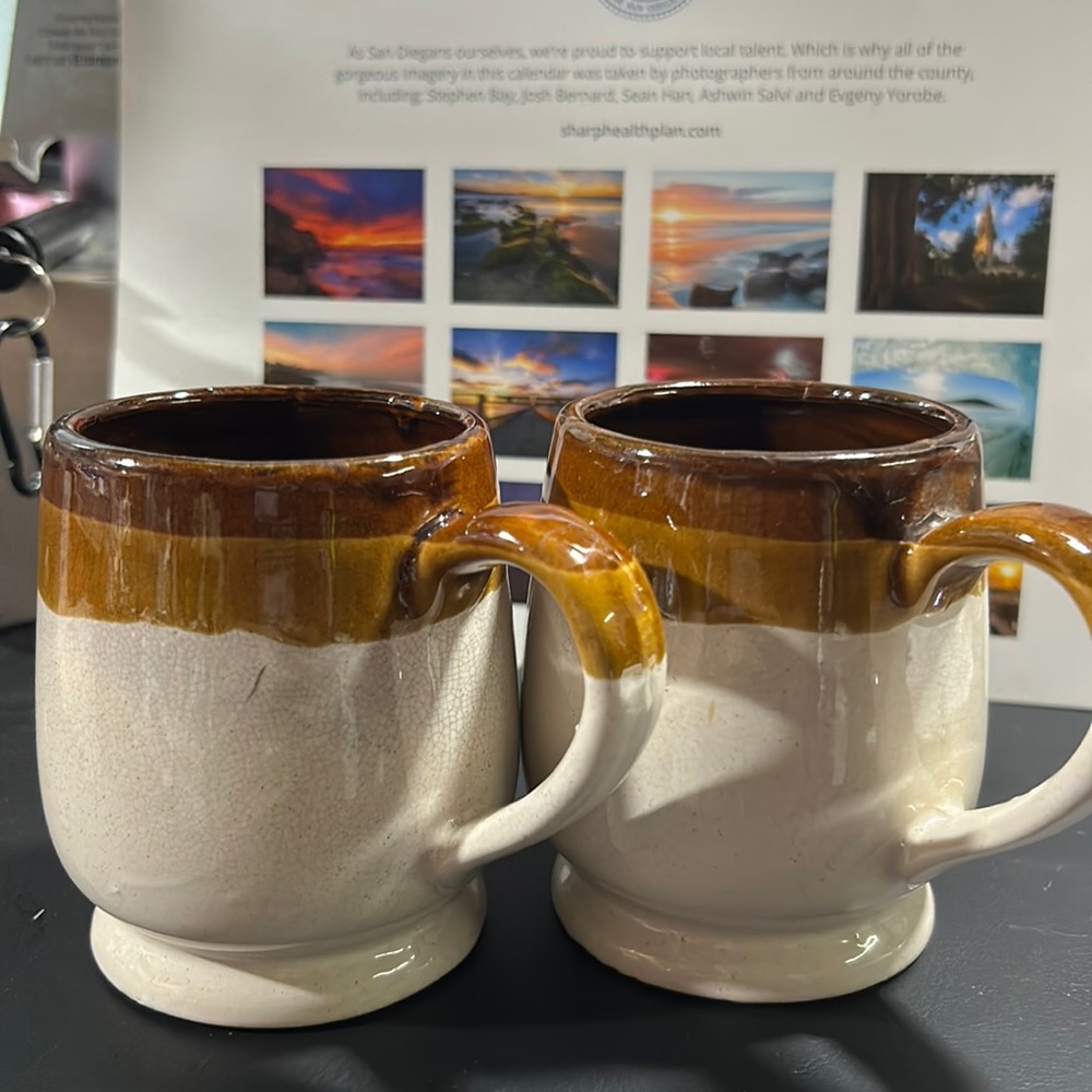 2 Piece Stoneware Pottery Mugs Taiwan Brown and Cream Stripe Swanky Barn.